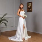 Sleeveless strapless white satin wedding evening dress - Image 5