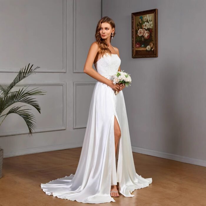 Sleeveless strapless white satin wedding evening dress - Image 5