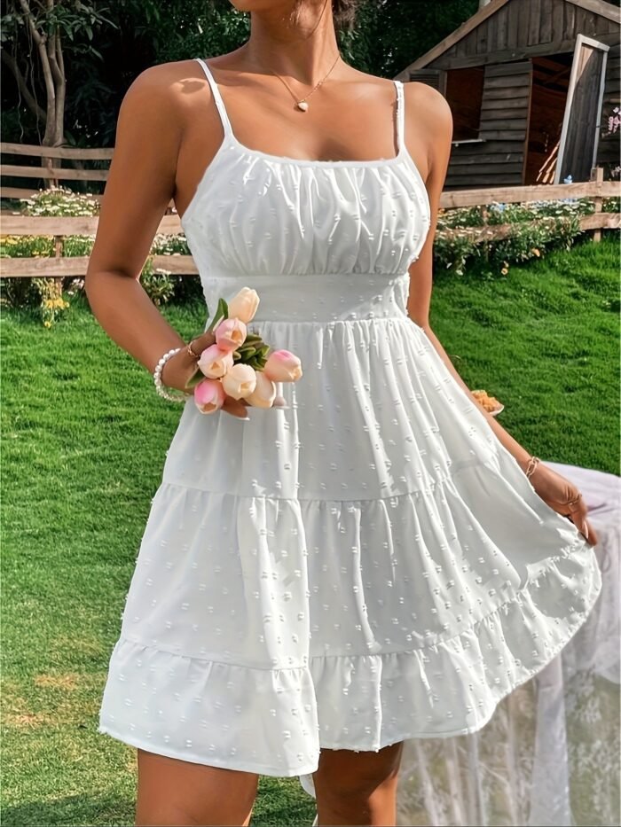 Clothing  Swiss Dot Print Strap Dress for Women Summer Casual Fit Bodycon Mini Dress - Image 6
