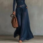 Fashionable Simple Solid Color Asymmetrical Shoulder Long Sleeve Casual Set with Belted Long Dress - Image 3