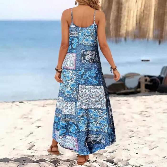 Spring Summer Women's Vacation Style Printed Casual V-Neck Strap Loose Dress - Image 4