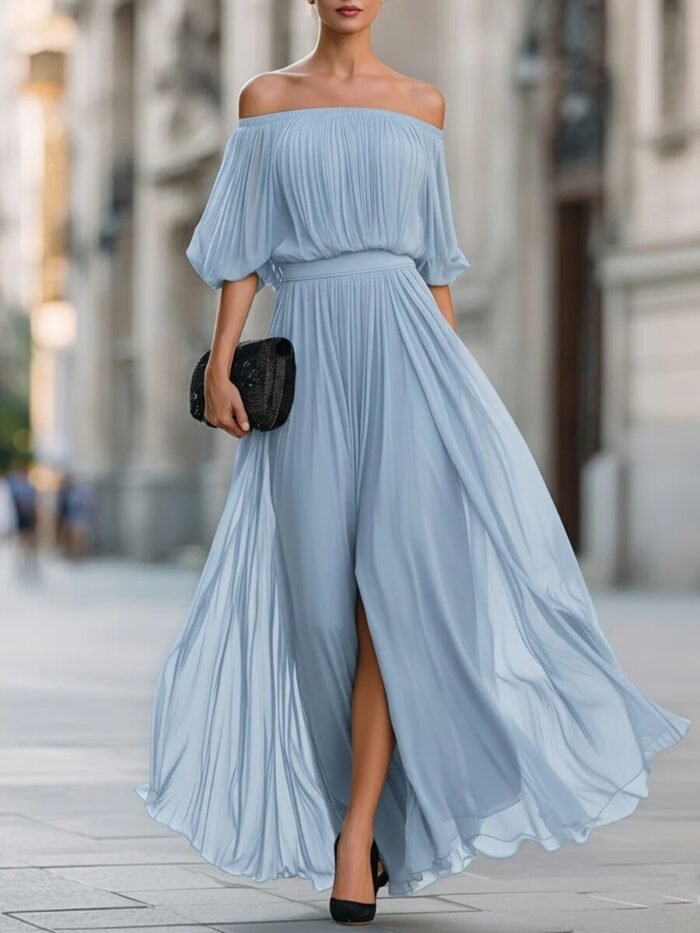 New Black Chiffon Maxi Dress with Split, One-Shoulder Design, Flowing and Draping Skirt - Image 7