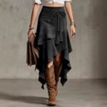 Retro Western Style Irregular Design Suede Skirt Solid Color Midi Skirt - Image 4