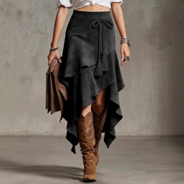Retro Western Style Irregular Design Suede Skirt Solid Color Midi Skirt - Image 4