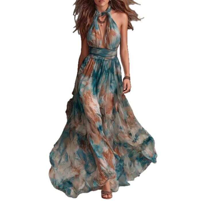 Hang Neck Backless Ink Print Vacation Style Casual Long Dress - Image 5