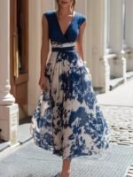 Elegant Long Sleeveless V-Neck Blue and White Porcelain Print Dress Summer Formal Dress - Image 6