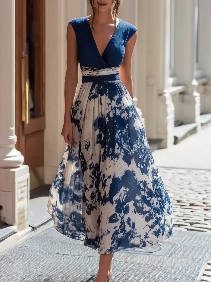 Elegant Long Sleeveless V-Neck Blue and White Porcelain Print Dress Summer Formal Dress - Image 6