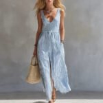 Fresh Blue and White Striped Sleeveless Long Dress with V-Neck, Waist-Tie, Side Split, Beach Dress - Image 4