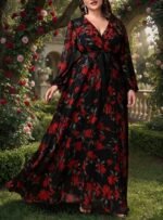 Oversize Printed Bohemian V-Neck Long Sleeve Flared Elegant Dress - Image 6
