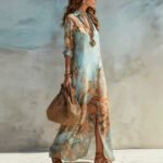 Blue Tone Printed Chiffon Turn-down Collar Split Resort Beach Dress - Image 2