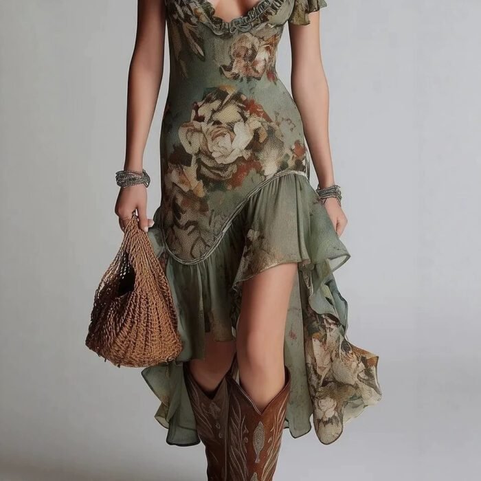 Vintage Oil Painting Print Irregular Hem Ruffle Sleeveless Fitted Western Style Long Dress - Image 3
