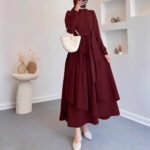 Hem Maxi Dress with High Waist and Flowing Skirt Solid Color Fitted Waist, Long Dress