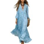 Leopard Print Chiffon Long Dress Deep V-Neck Three-Quarter Sleeve Flared Beach Vacation Dress - Image 5