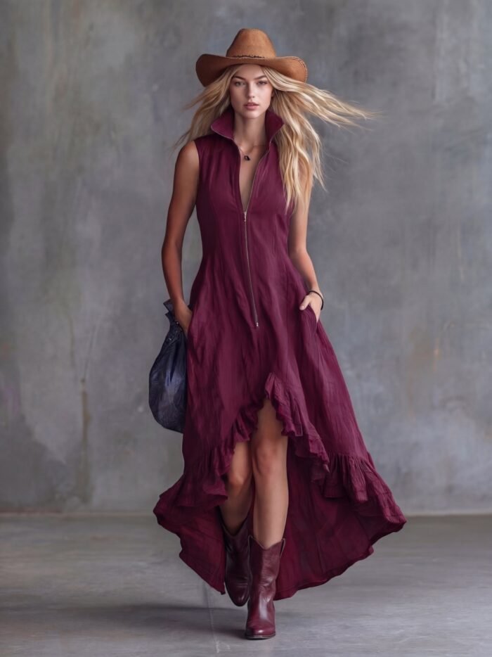 Vintage Casual Turn-Down Collar Front Zipper Ruffle Hem Dress for Women - Image 7