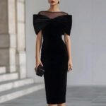 Chic Office Women's One-Shoulder Off-the-Shoulder Velvet Dress with Gold Thread - Image 5