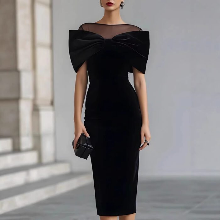 Chic Office Women's One-Shoulder Off-the-Shoulder Velvet Dress with Gold Thread - Image 5