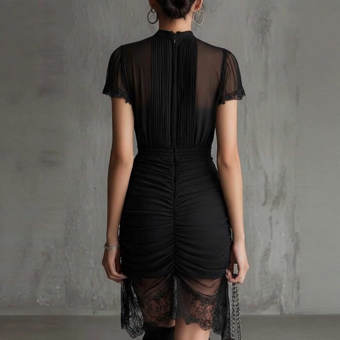 New European black see through lace patchwork dress, slim and tall, slit skirt with lace - Image 2