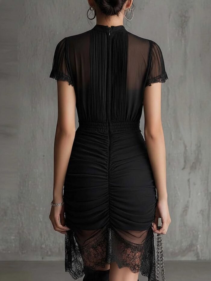 New European black see through lace patchwork dress, slim and tall, slit skirt with lace - Image 6