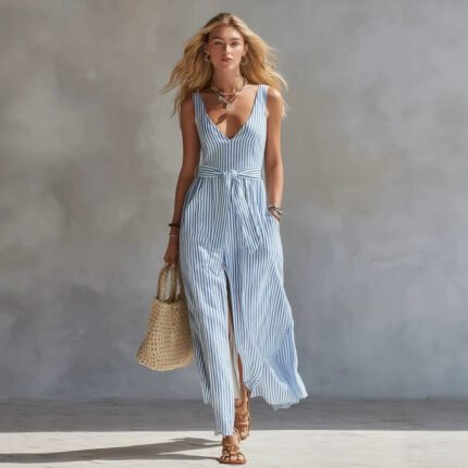 Fresh Blue and White Striped Sleeveless Long Dress with V-Neck, Waist-Tie, Side Split, Beach Dress