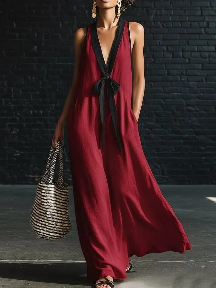 V-neck Strapless Sleeveless Resort-Style Long Simple Elegant Dress - Image 8