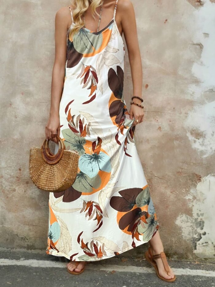 Spring Summer Women's Vacation Style Printed Casual V-Neck Strap Loose Dress - Image 7
