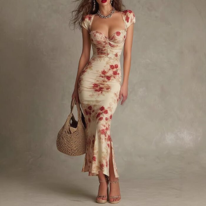 Vintage Printed Fitted Dress Elegant Slim Fit Bodycon Long Dress Evening Gown - Image 2