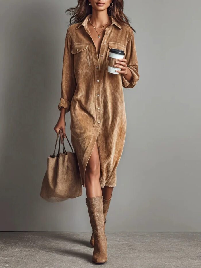 Classic Solid Color Corduroy Long Sleeve Turn-down Collar Shirt Loose Long Dress - Image 7