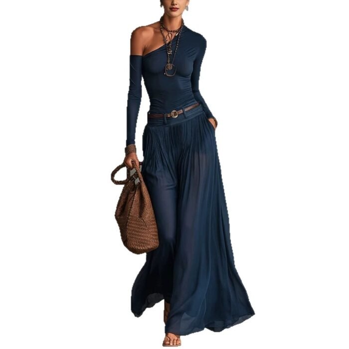 Fashionable Simple Solid Color Asymmetrical Shoulder Long Sleeve Casual Set with Belted Long Dress - Image 5