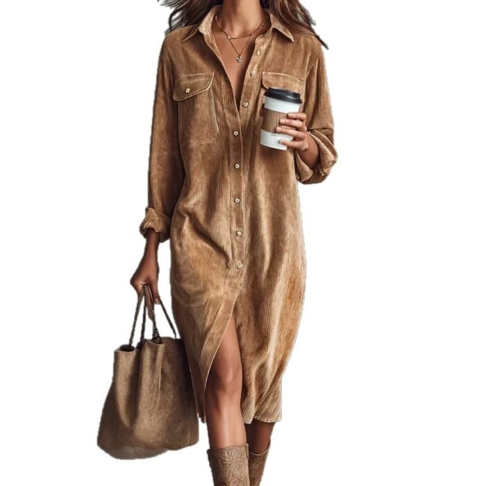 Classic Solid Color Corduroy Long Sleeve Turn-down Collar Shirt Loose Long Dress - Image 6