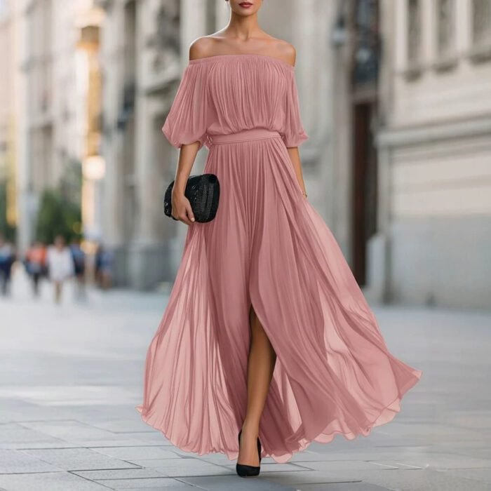 New Black Chiffon Maxi Dress with Split, One-Shoulder Design, Flowing and Draping Skirt - Image 3
