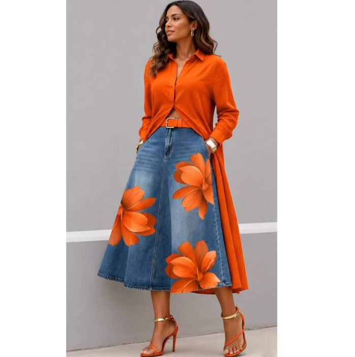 Style Floral Print Washed Denim High Waist Midi Skirt - Image 9