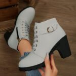 Chunky Heel Women's Leather Boots Low Cuff Round Toe High Heel Lace-Up Style with Heightening and Slimming Effect - Image 2
