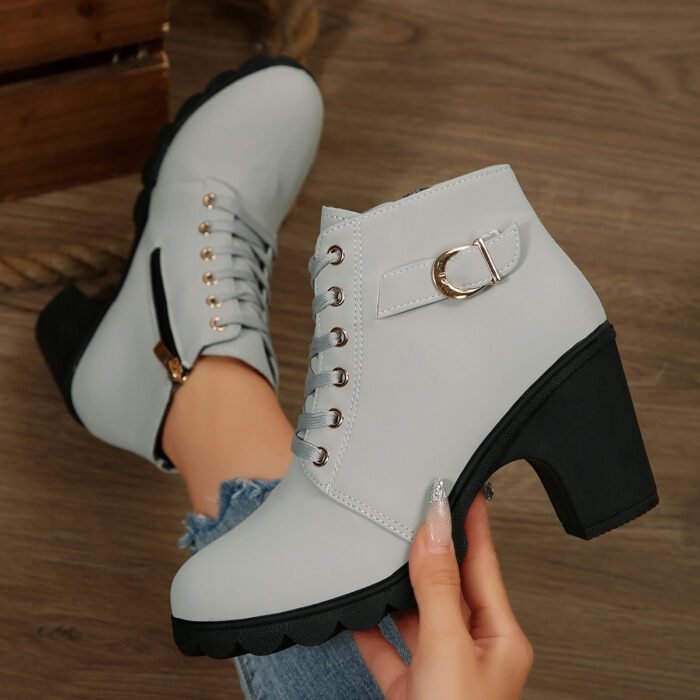 Chunky Heel Women's Leather Boots Low Cuff Round Toe High Heel Lace-Up Style with Heightening and Slimming Effect - Image 2