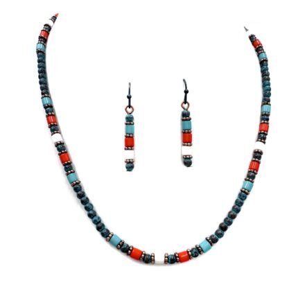 Navajo Bead Turquoise Orange Stone Necklace Set