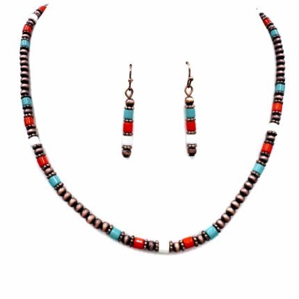 Navajo Bead Turquoise Orange Stone Necklace Set