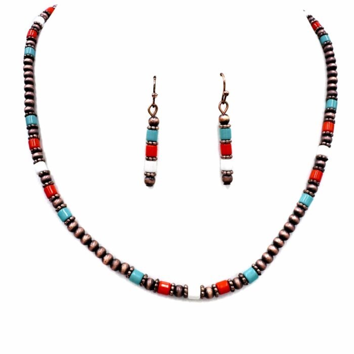 Navajo Bead Turquoise Orange Stone Necklace Set