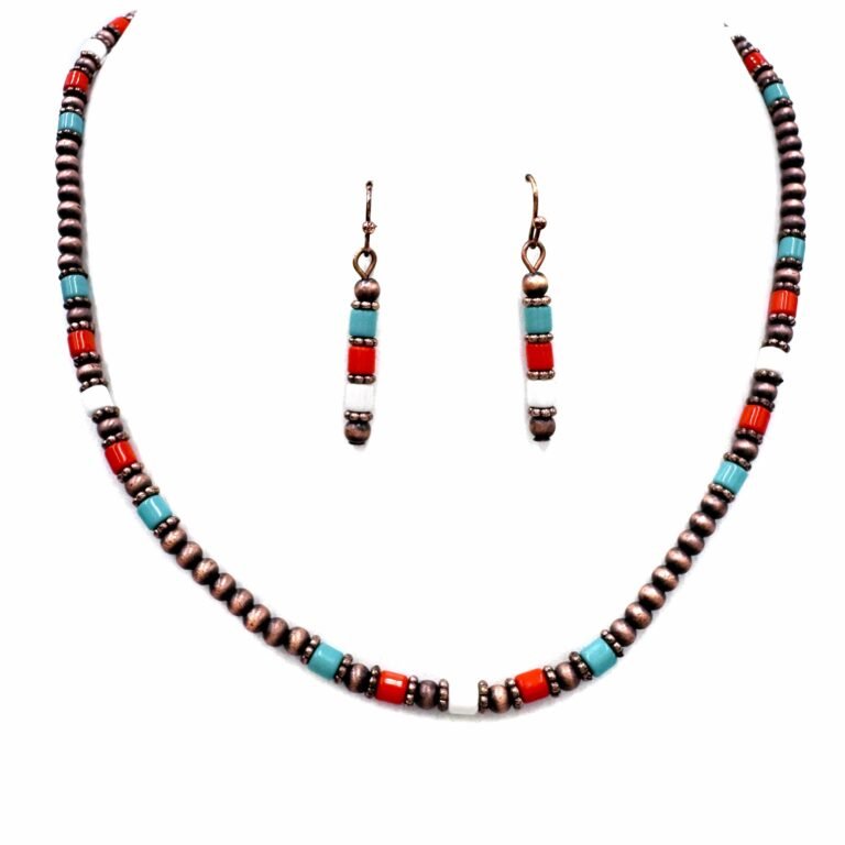 Navajo Bead Turquoise Orange Stone Necklace Set