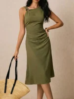 Asymmetrical Neck Ruched Midi Dress