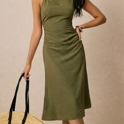 Asymmetrical Neck Ruched Midi Dress