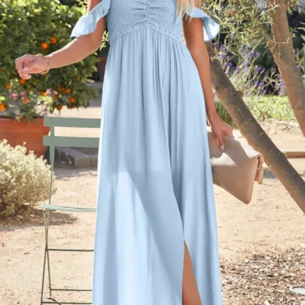 Off Shoulder Ruched Bust Sheer Slit Maxi Dress