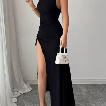 One-Shoulder Ruched High-Slit Maxi Dress