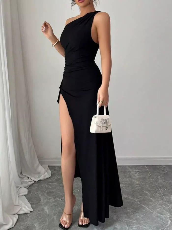 One-Shoulder Ruched High-Slit Maxi Dress One-Shoulder Ruched High-Slit Maxi Dress - Image 1