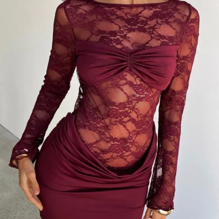 Lace Sheer Cutout Back Long Sleeve Ruched Dress