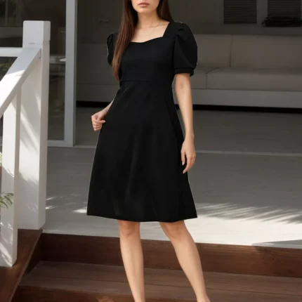 Puff Sleeve Bow Back Mini Dress