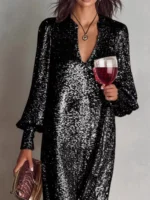 Sequin Notched Lantern Sleeve Maxi Dress - Image 5