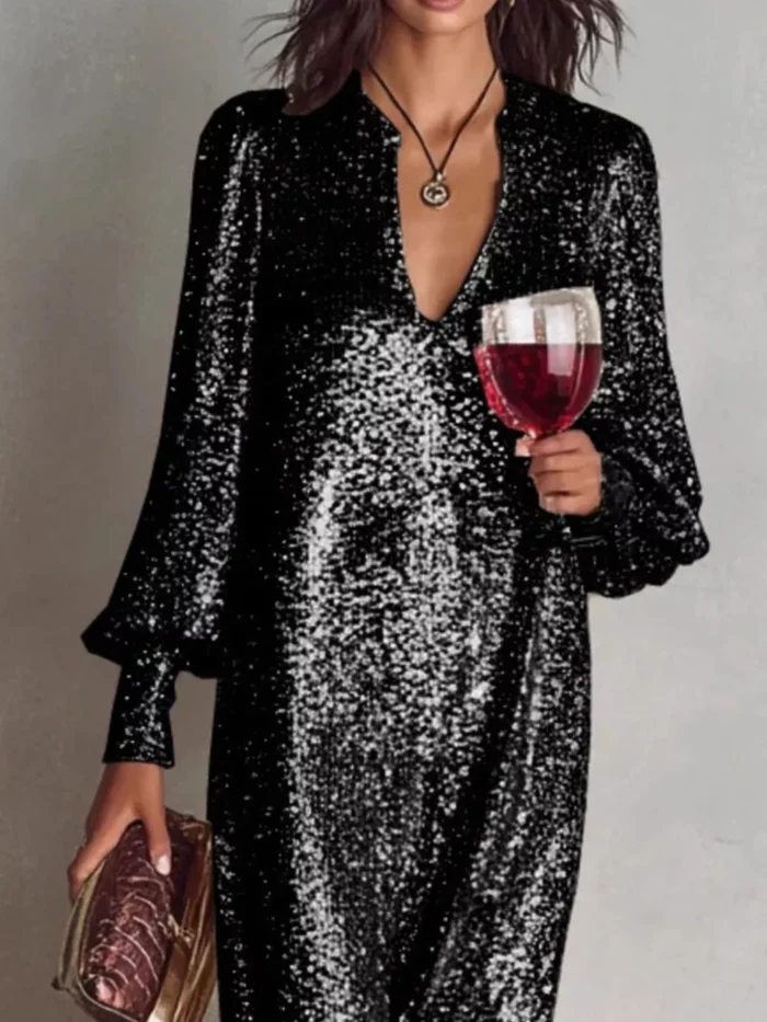 Sequin Notched Lantern Sleeve Maxi Dress - Image 5