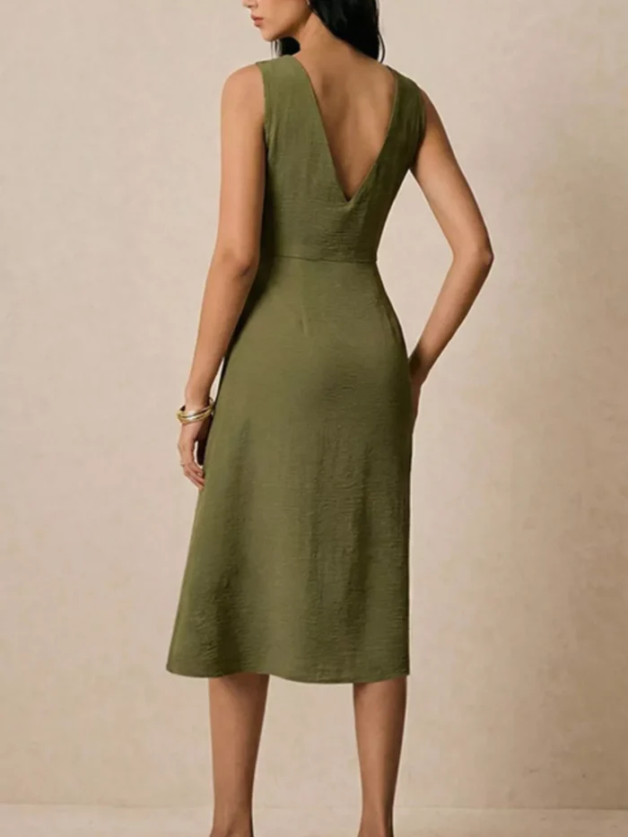 Asymmetrical Neck Ruched Midi Dress - Image 3