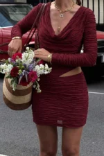 Ruched Cutout Cowl Neck Long Sleeve Mini Dress