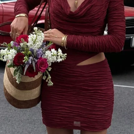 Ruched Cutout Cowl Neck Long Sleeve Mini Dress