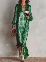 Sequin Notched Lantern Sleeve Maxi Dress - Image 7